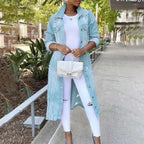 Dames Full-Length Distressed Denim Trench Coat