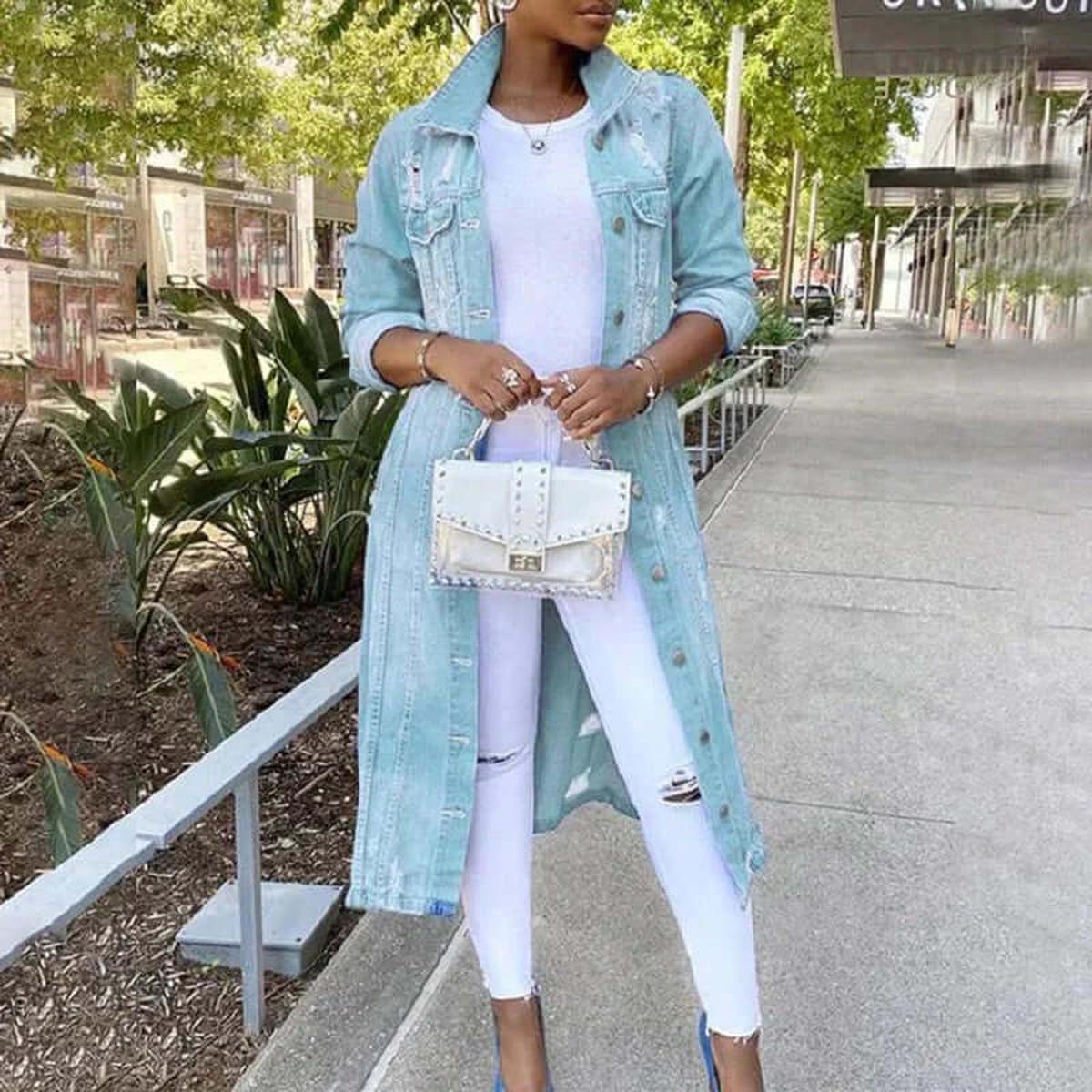 Dames Full-Length Distressed Denim Trench Coat