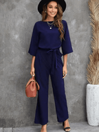 Dames Jumpsuit Met Strikceintuur Wijde Benen En ¾ Mouwen