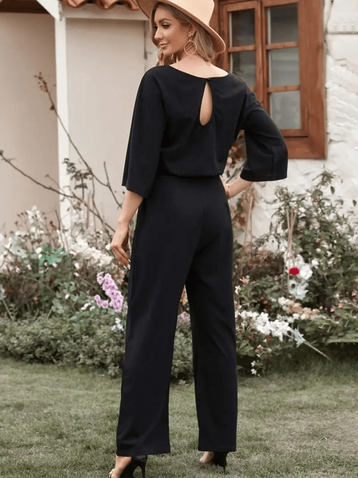 Dames Jumpsuit Met Strikceintuur Wijde Benen En ¾ Mouwen