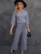 Dames Jumpsuit Met Strikceintuur Wijde Benen En ¾ Mouwen