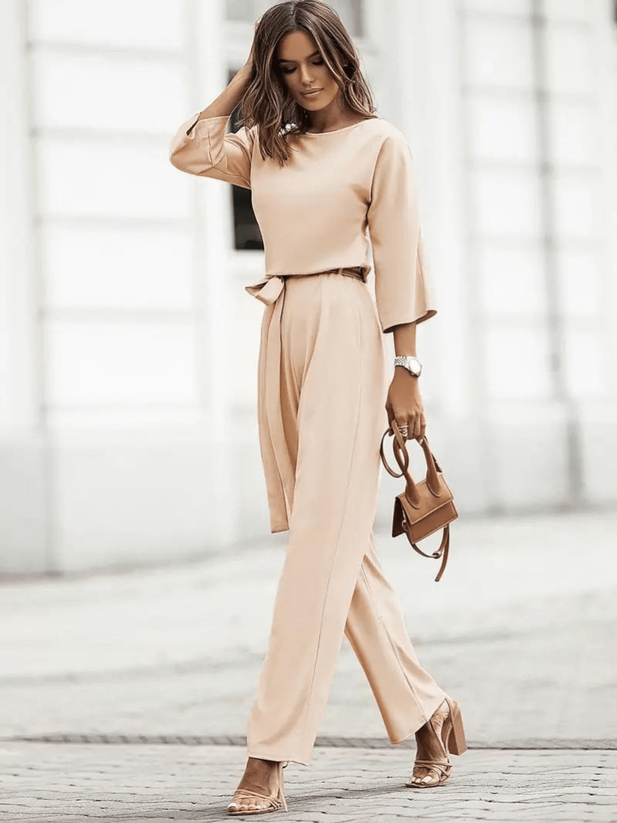 Dames Jumpsuit Met Strikceintuur Wijde Benen En ¾ Mouwen