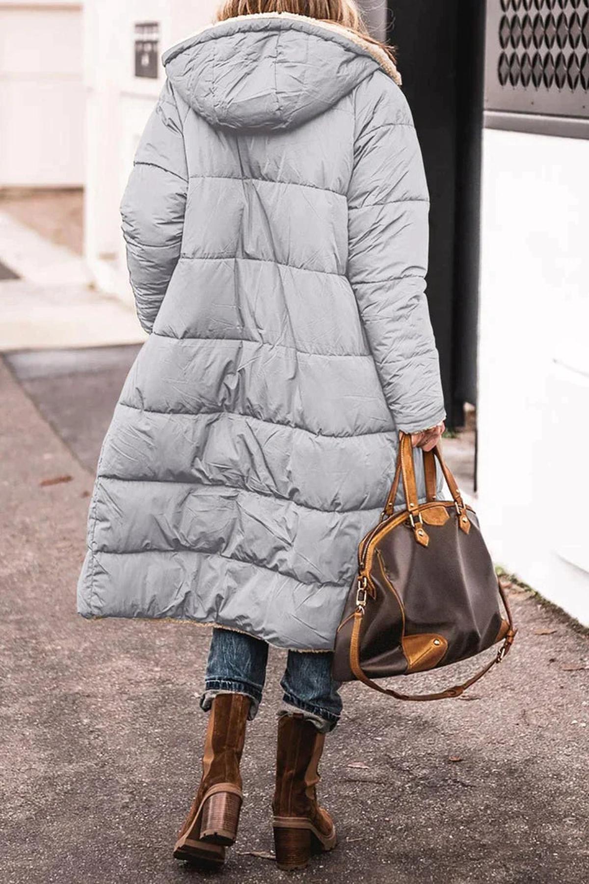 Dames Lange Reversible Winterjas met Capuchon en Teddy Voering