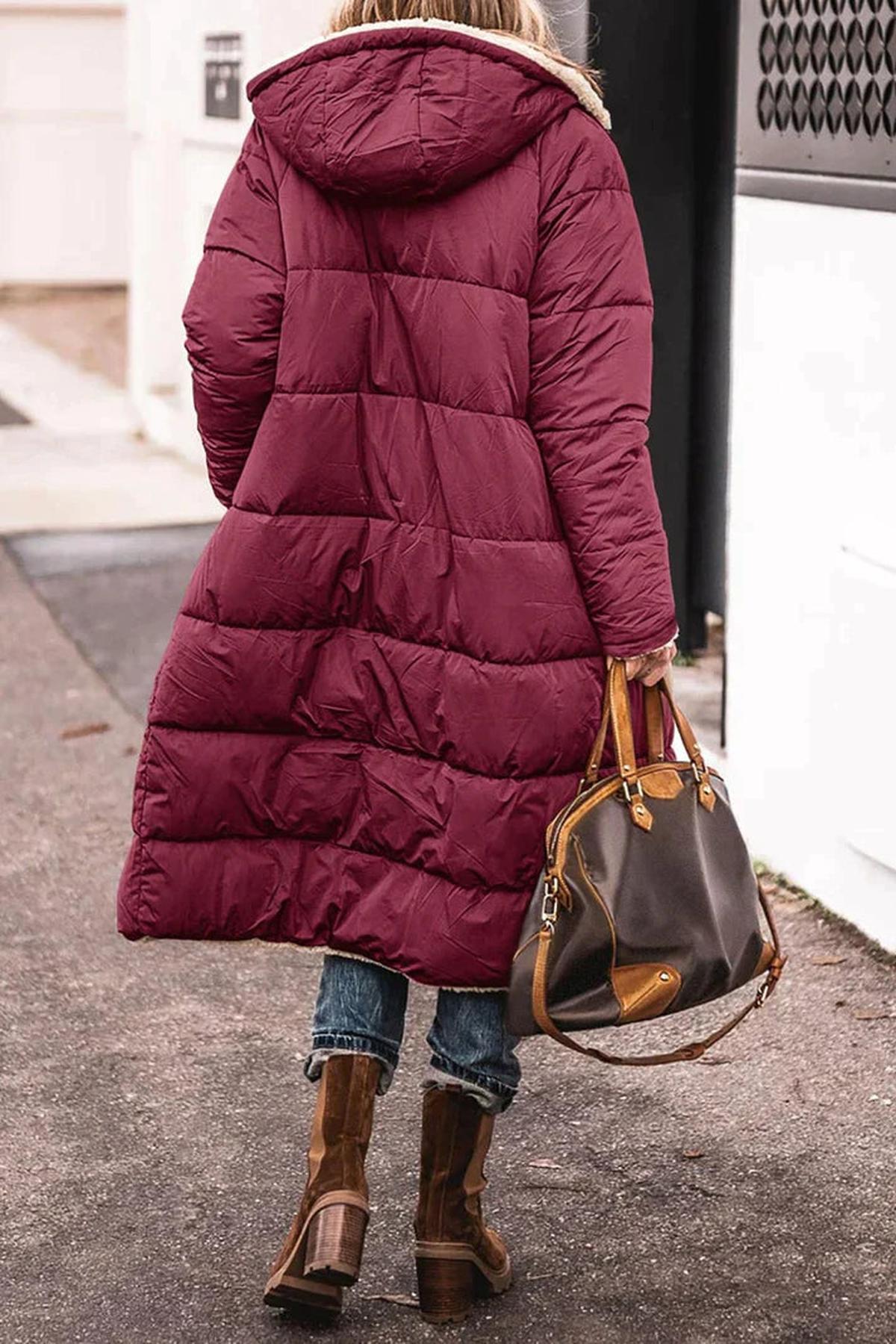 Dames Lange Reversible Winterjas met Capuchon en Teddy Voering