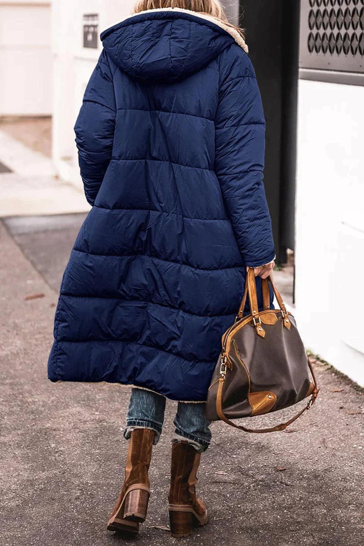 Dames Lange Reversible Winterjas met Capuchon en Teddy Voering