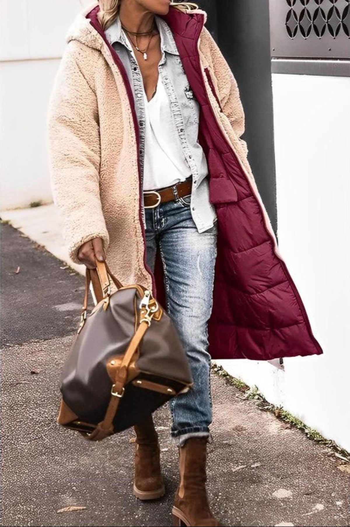 Dames Lange Reversible Winterjas met Capuchon en Teddy Voering