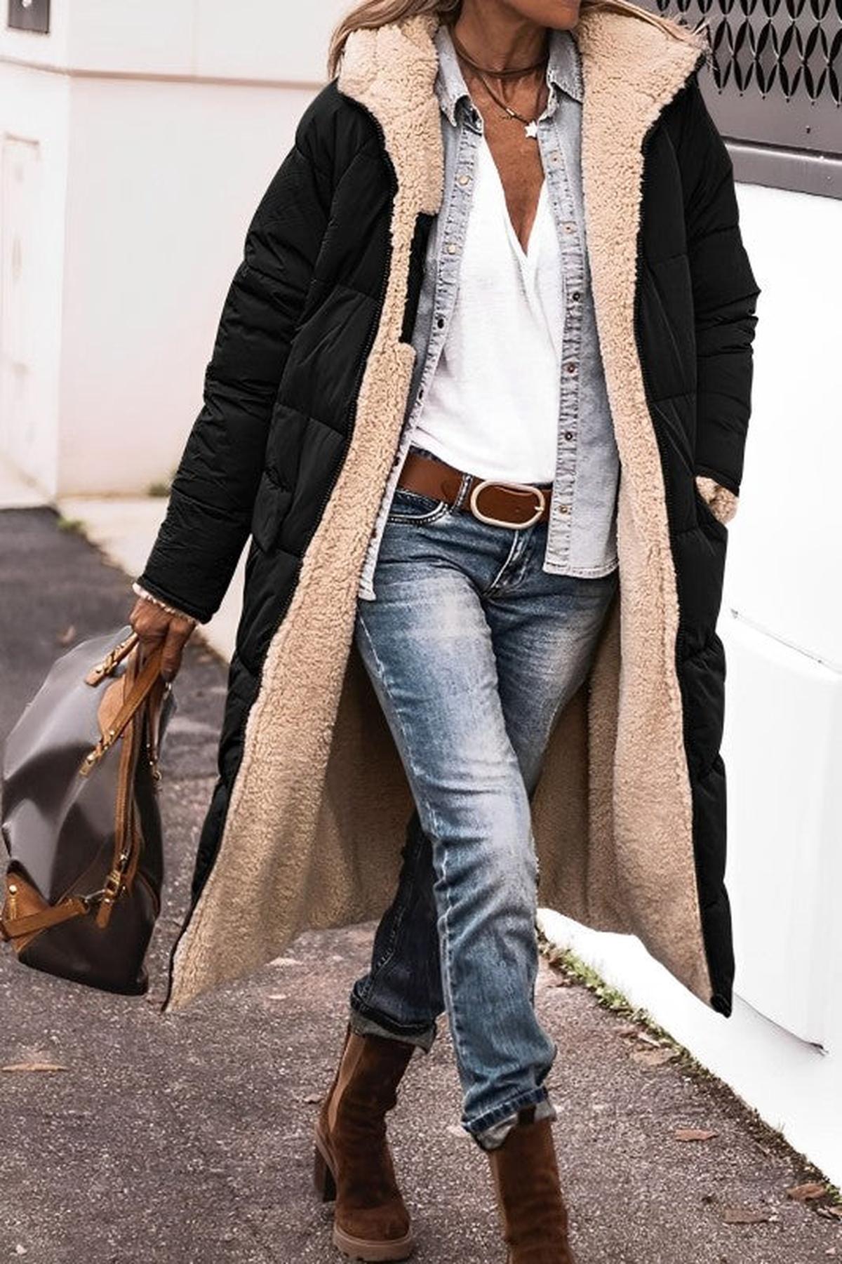 Dames Lange Reversible Winterjas met Capuchon en Teddy Voering