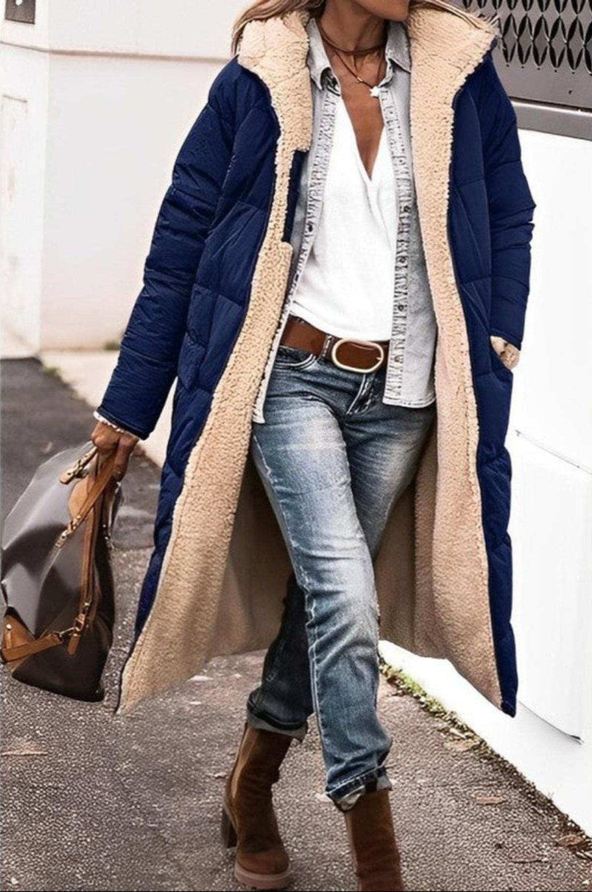 Dames Lange Reversible Winterjas met Capuchon en Teddy Voering