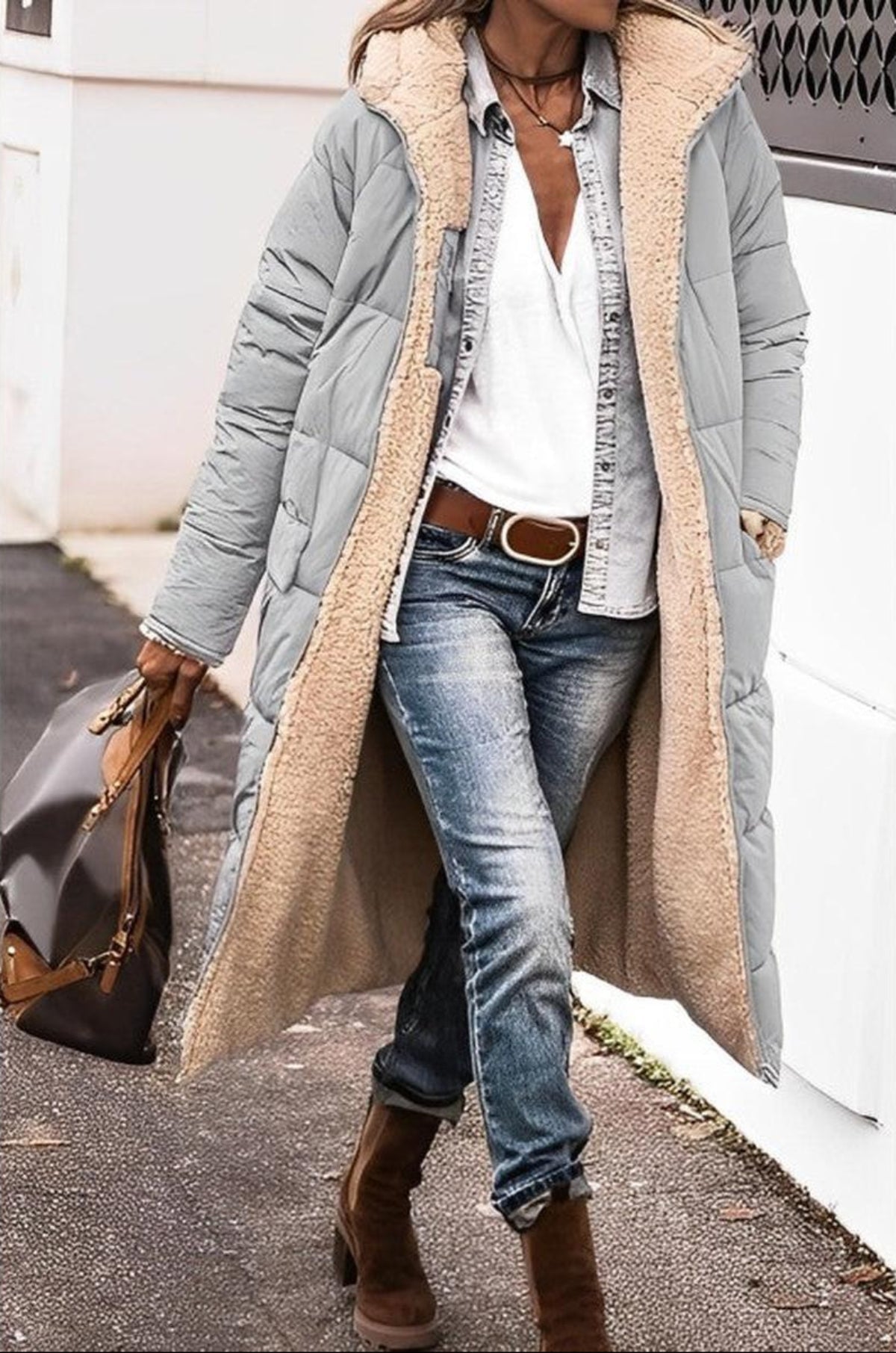 Dames Lange Reversible Winterjas met Capuchon en Teddy Voering