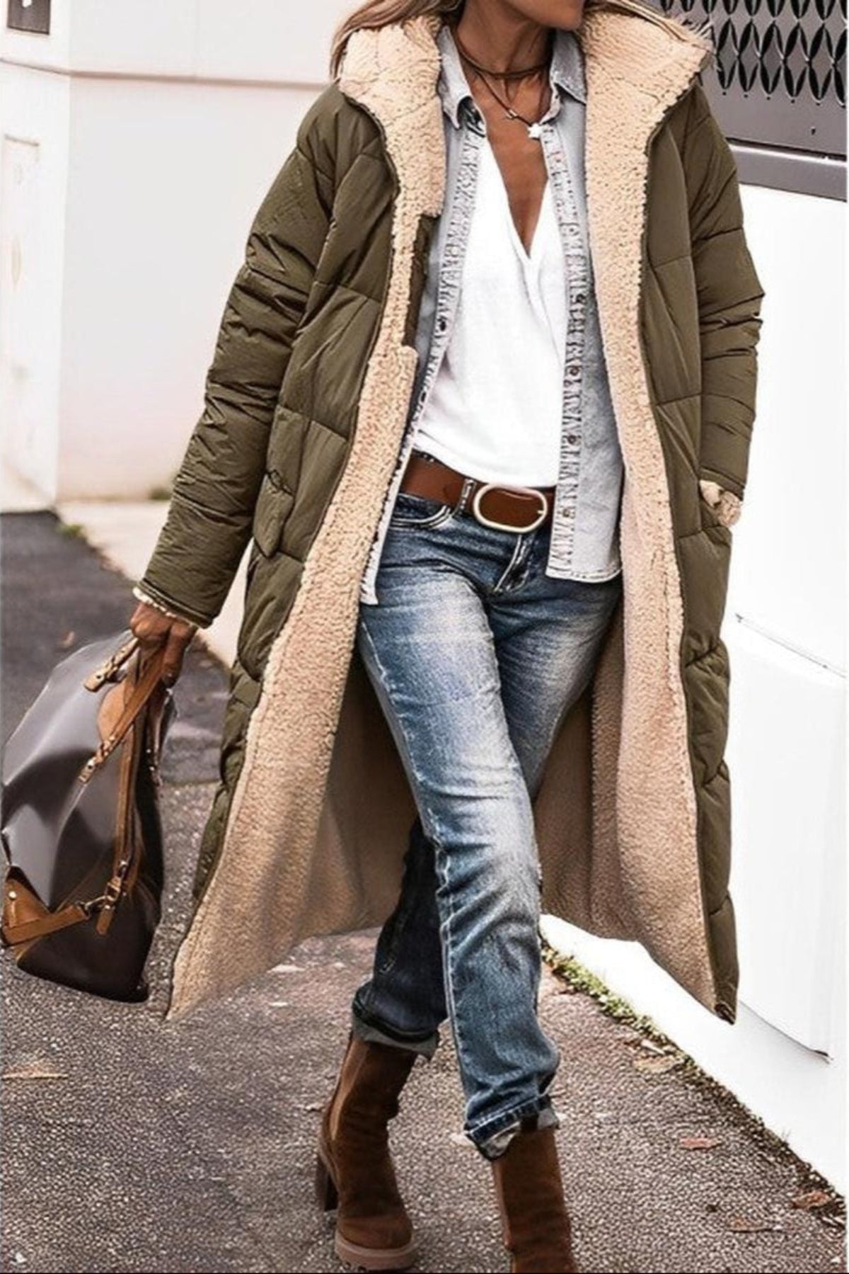 Dames Lange Reversible Winterjas met Capuchon en Teddy Voering