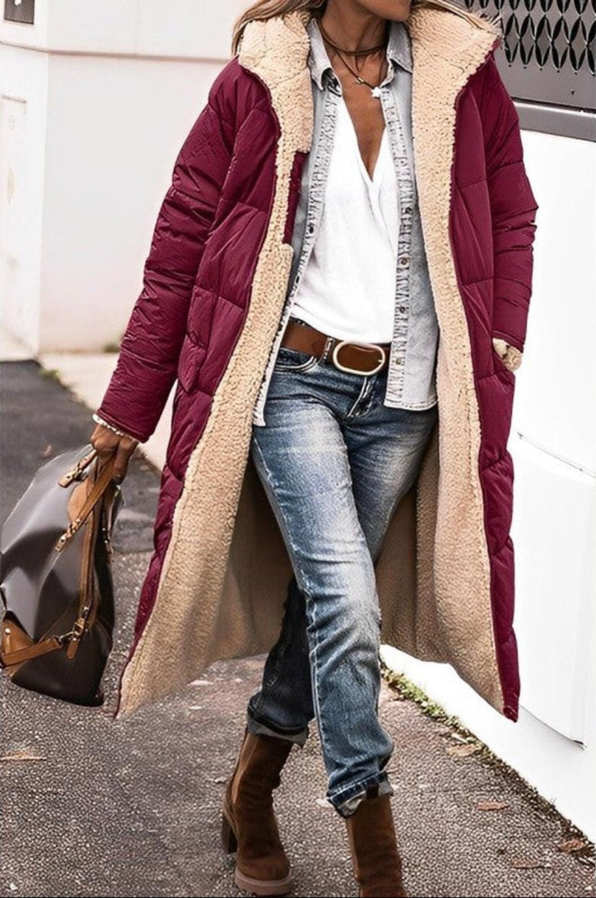 Dames Lange Reversible Winterjas met Capuchon en Teddy Voering