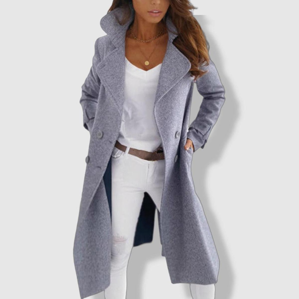 Dames Lange Trenchcoat Wol Mix Dubbele Rij Knopen
