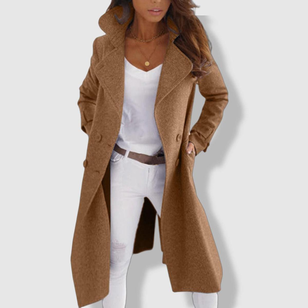 Dames Lange Trenchcoat Wol Mix Dubbele Rij Knopen