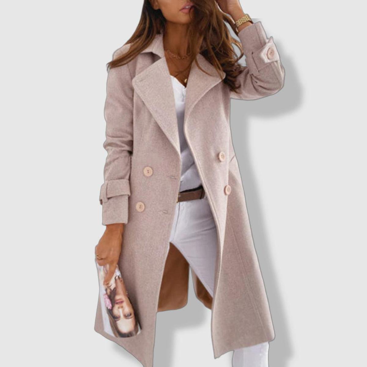 Dames Lange Trenchcoat Wol Mix Dubbele Rij Knopen