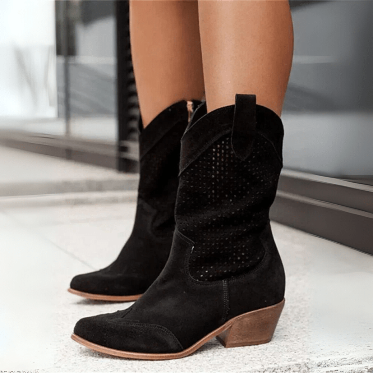 Dames Leren Mid-Calf Laarzen Met Zijrits En Blokhak