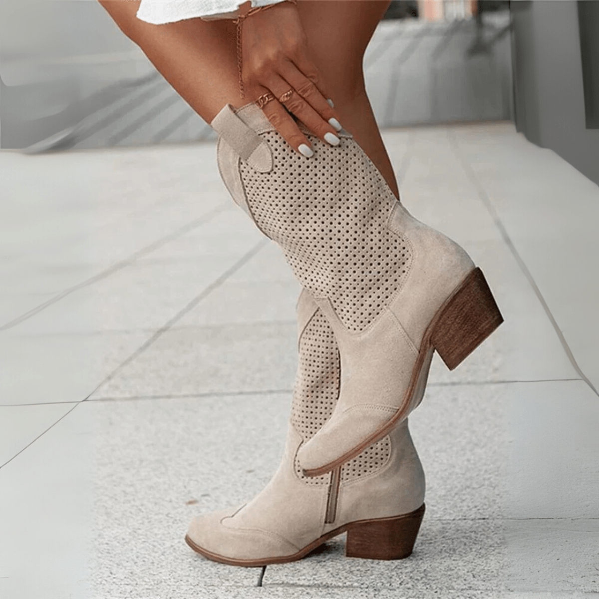 Dames Leren Mid-Calf Laarzen Met Zijrits En Blokhak