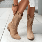 Dames Leren Mid-Calf Laarzen Met Zijrits En Blokhak