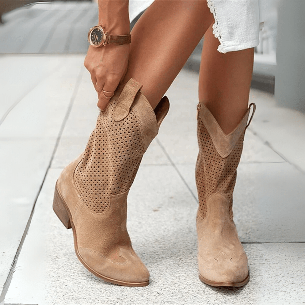 Dames Leren Mid-Calf Laarzen Met Zijrits En Blokhak
