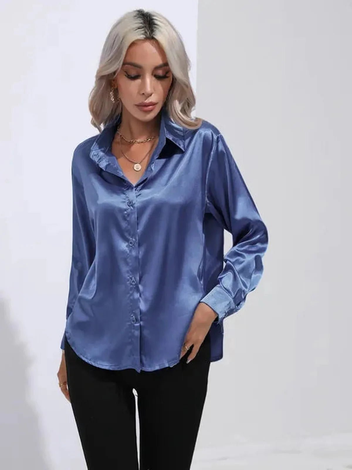 Dames Losse Satijnen Blouse met Lange Mouwen