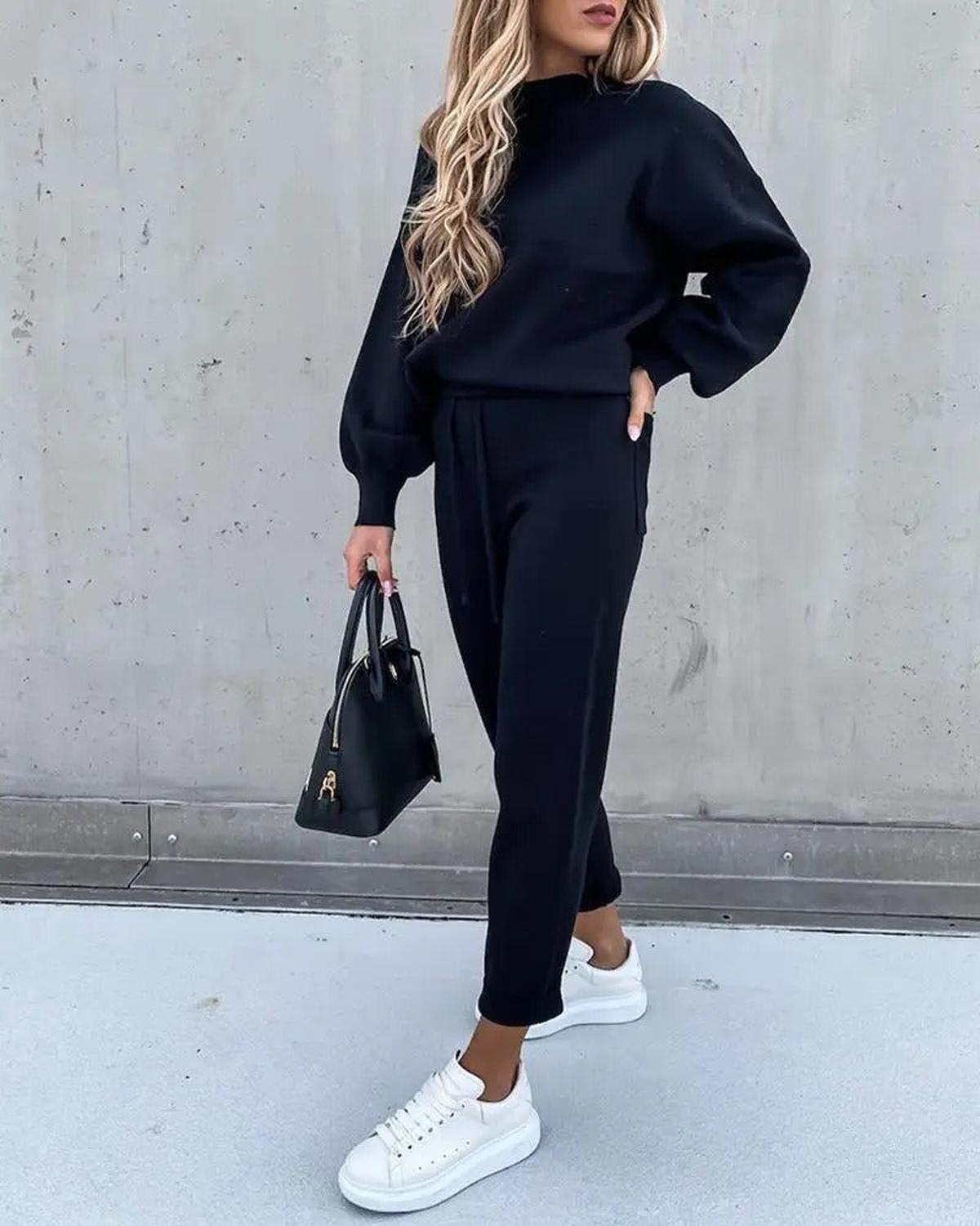 Dames Lounge Set met Elastische Tailleband en Hoge Kraag