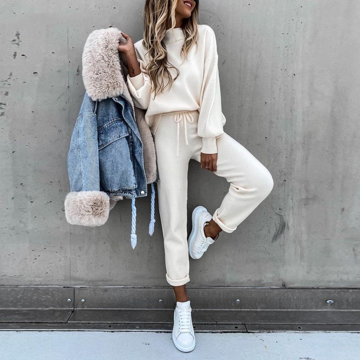 Dames Lounge Set met Elastische Tailleband en Hoge Kraag