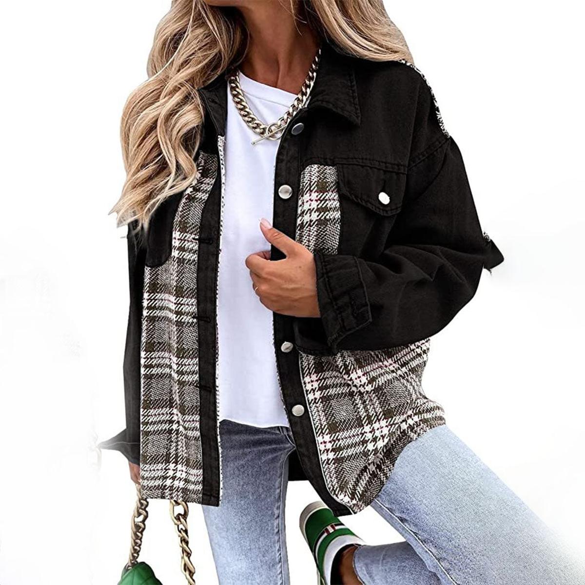 Dames Patchwork Plaid Casual Jas voor Lente en Herfst