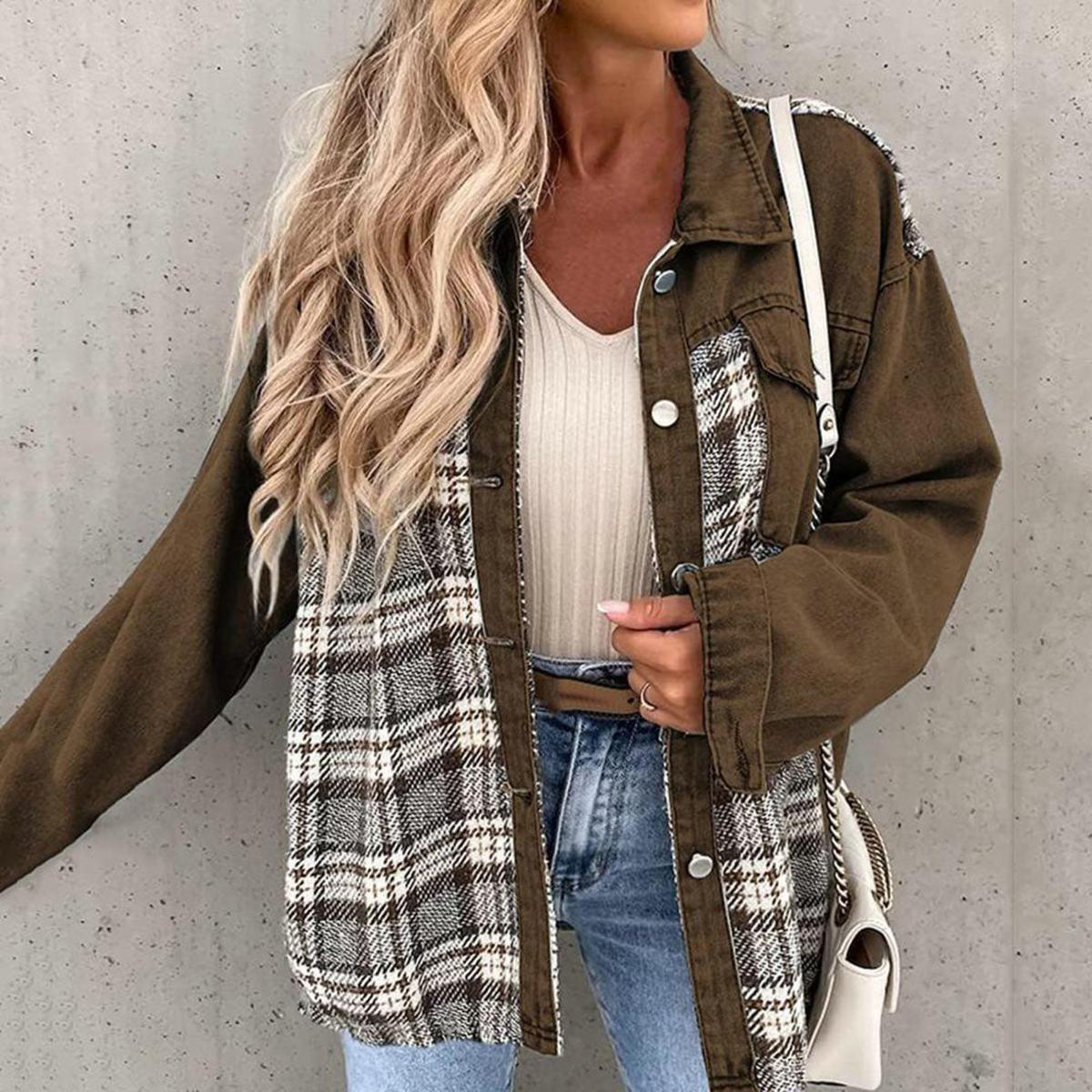Dames Patchwork Plaid Casual Jas voor Lente en Herfst