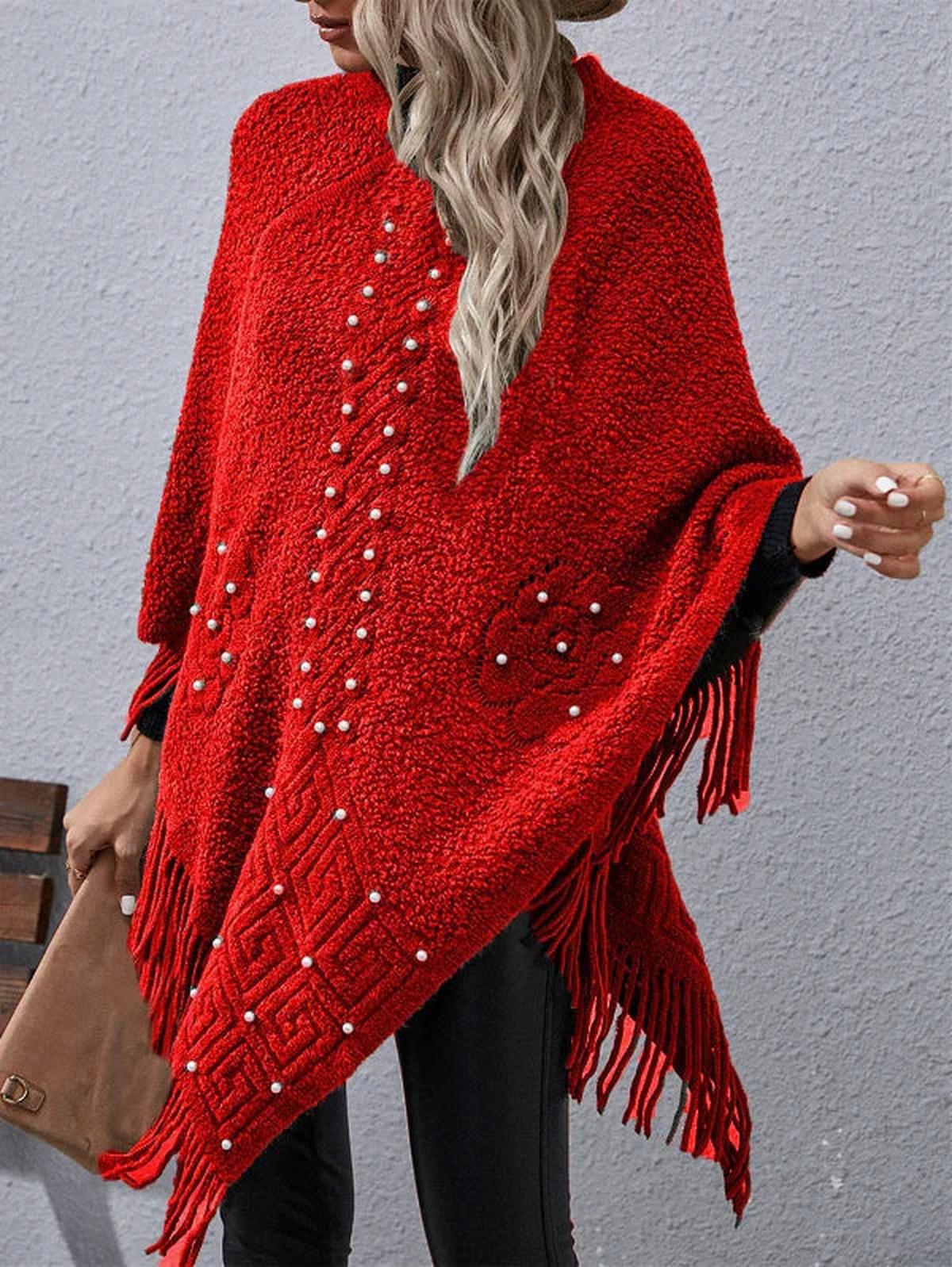 Dames Poncho Wol Mix Asymmetrisch met Kralen Franje