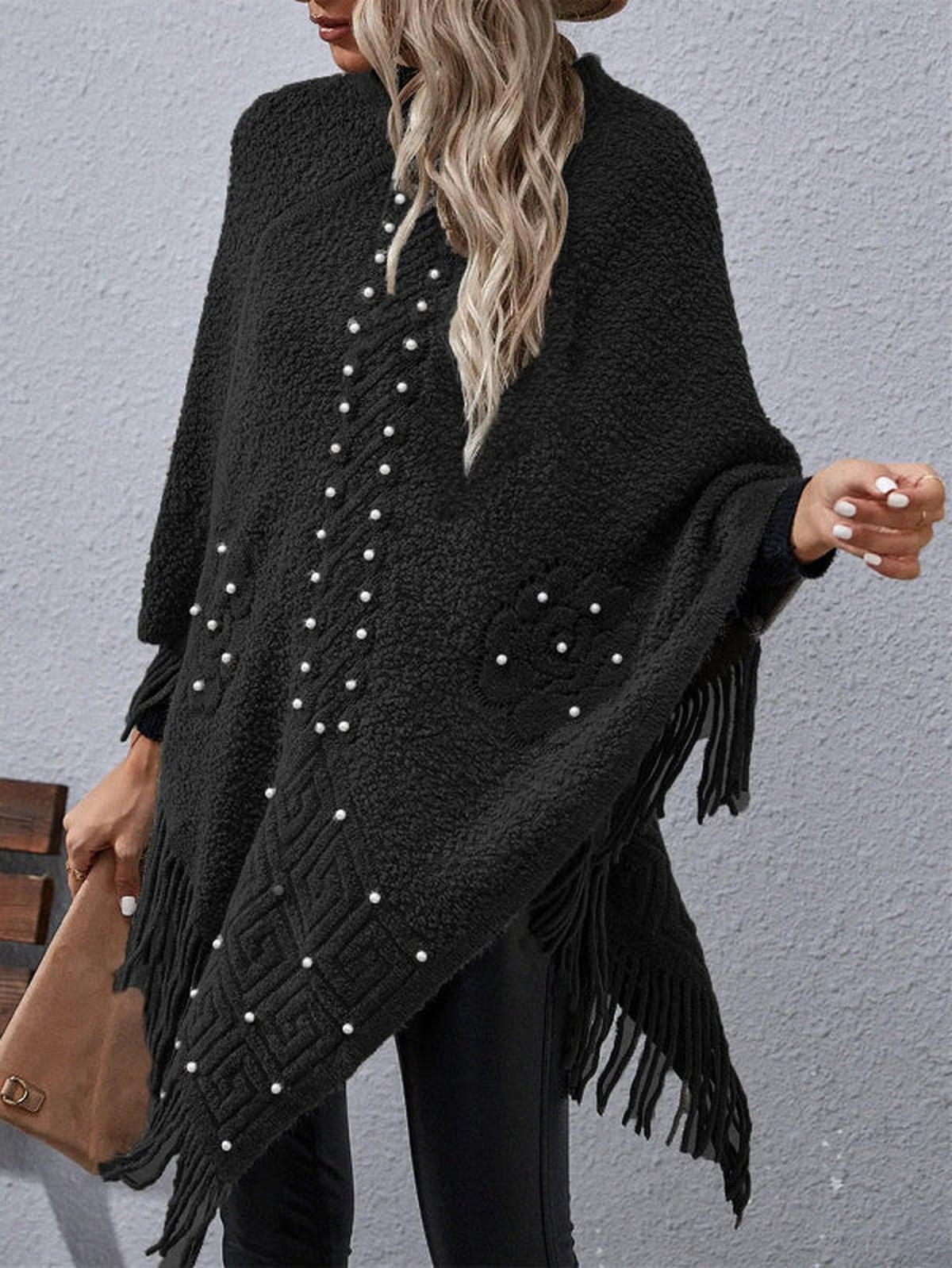 Dames Poncho Wol Mix Asymmetrisch met Kralen Franje