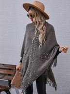 Dames Poncho Wol Mix Asymmetrisch met Kralen Franje