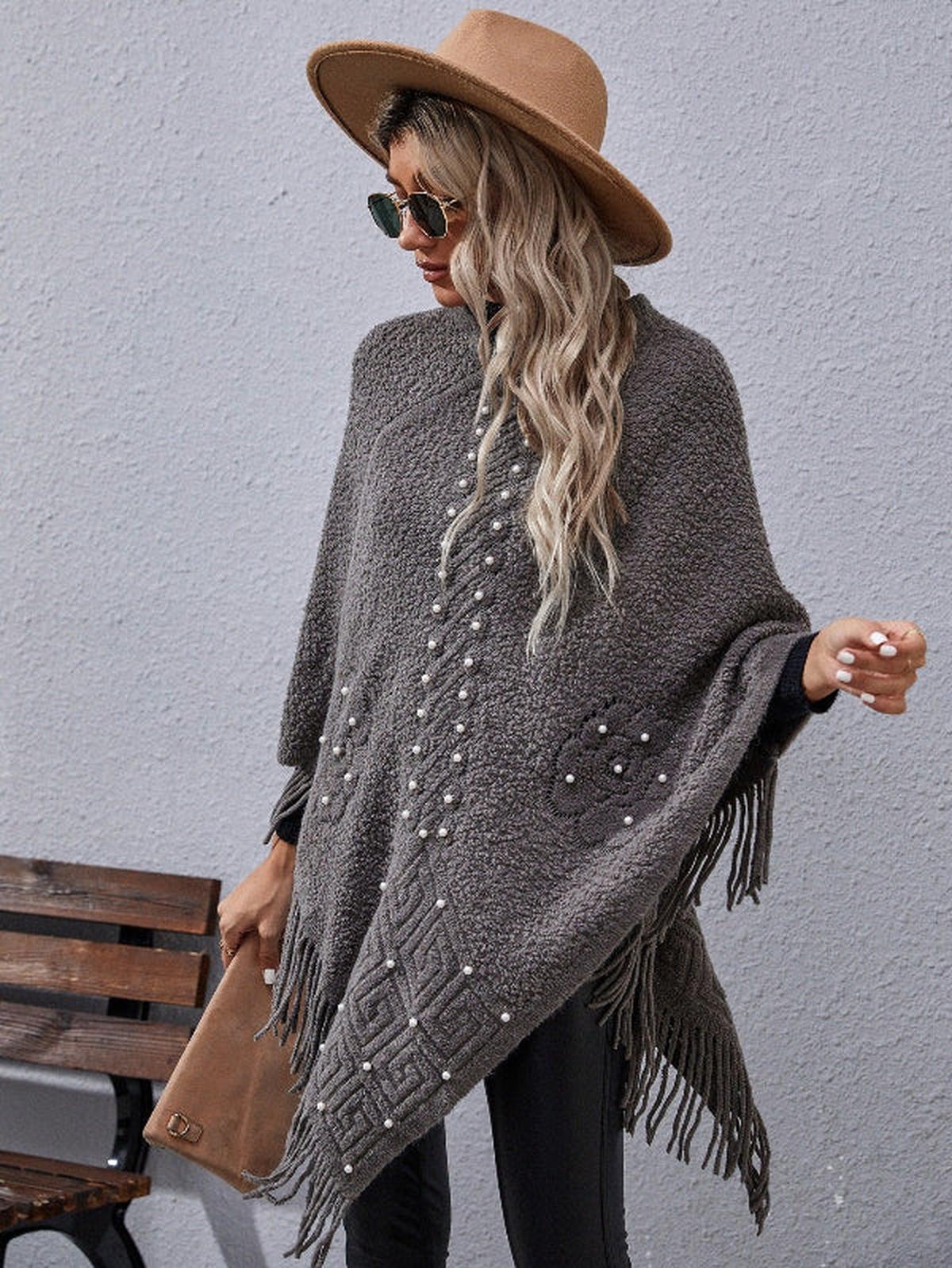 Dames Poncho Wol Mix Asymmetrisch met Kralen Franje