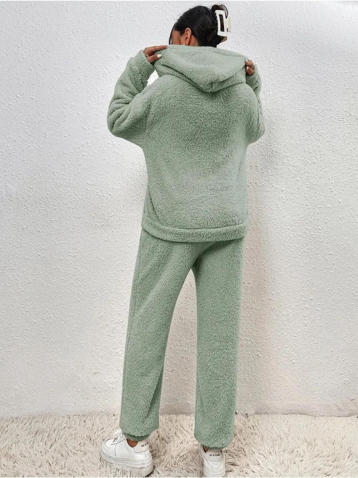 Dames Teddy Hoodie Loungewear Set met Kangaroo Zak