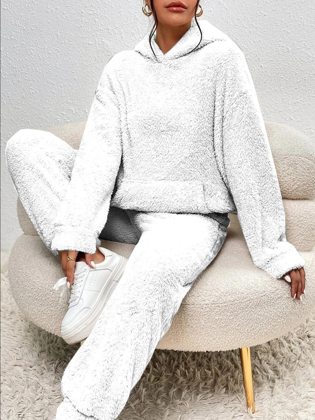 Dames Teddy Hoodie Loungewear Set met Kangaroo Zak