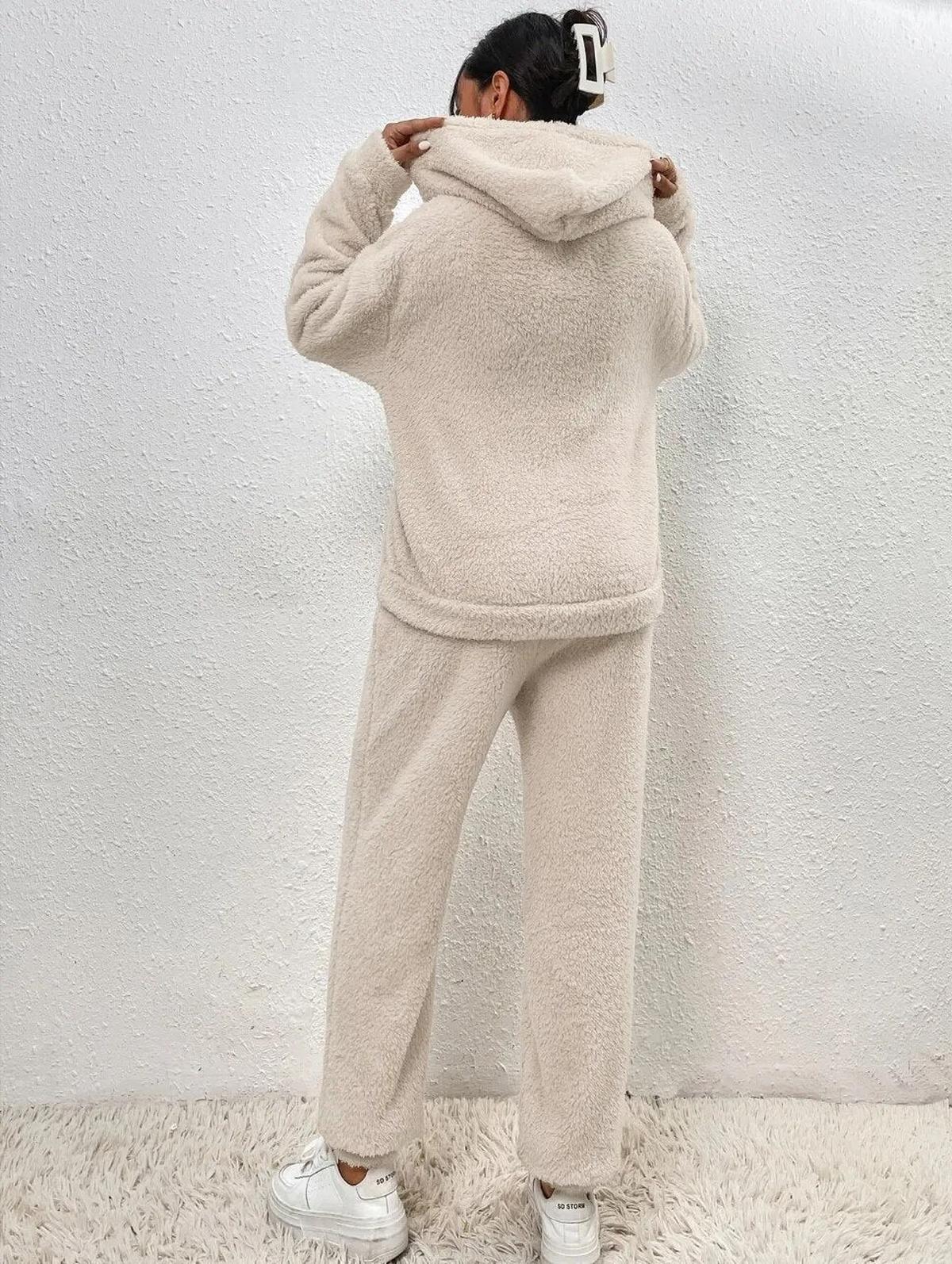 Dames Teddy Hoodie Loungewear Set met Kangaroo Zak