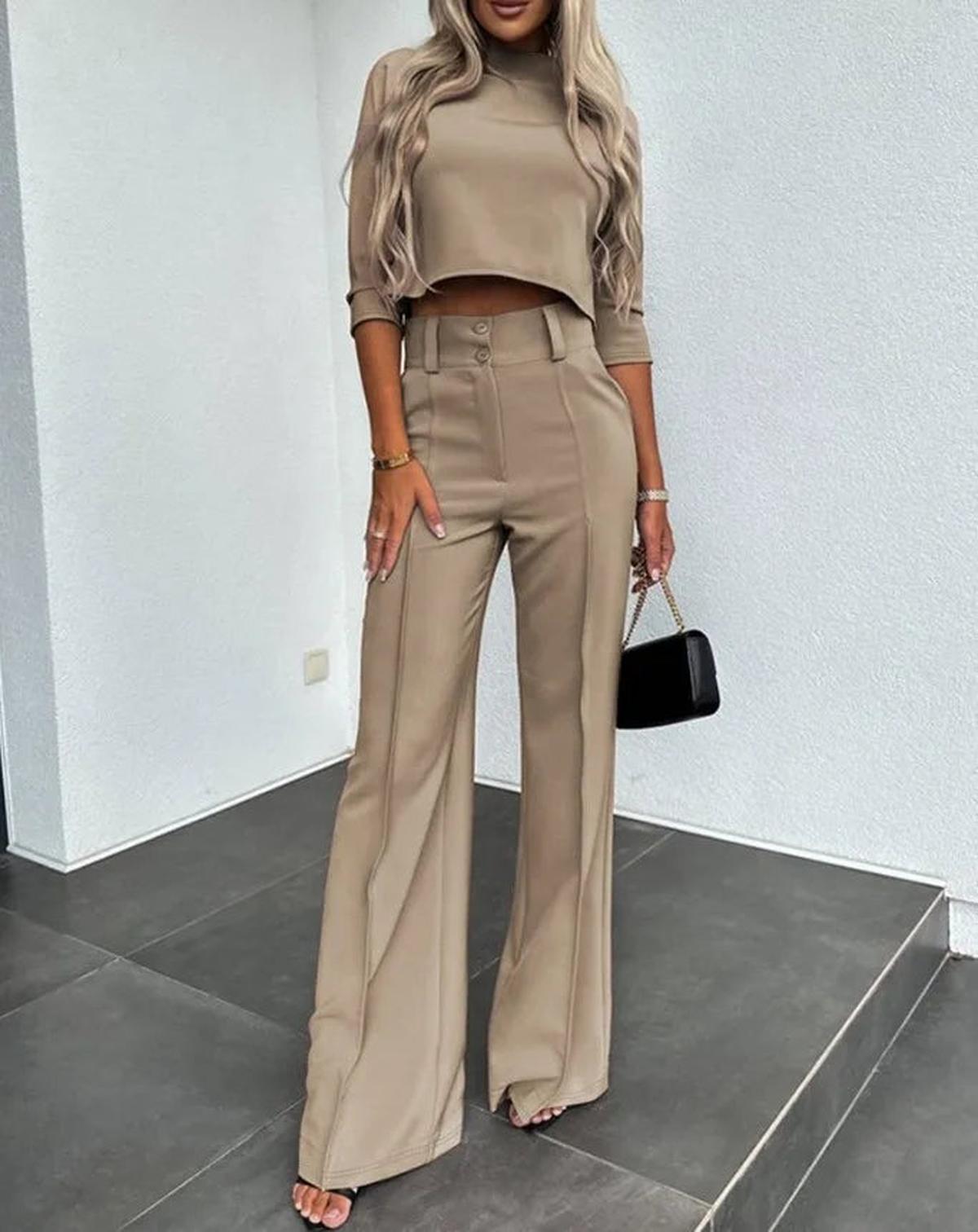 Dames Tweedelig Set Hoge Taille Wide Leg Pantalon en Cropped Top