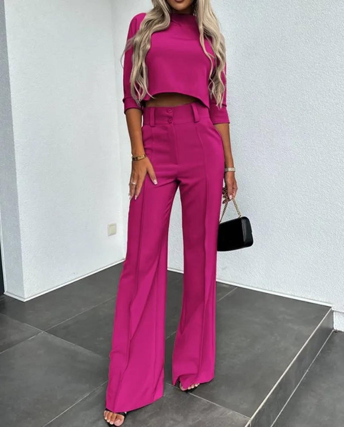Dames Tweedelig Set Hoge Taille Wide Leg Pantalon en Cropped Top