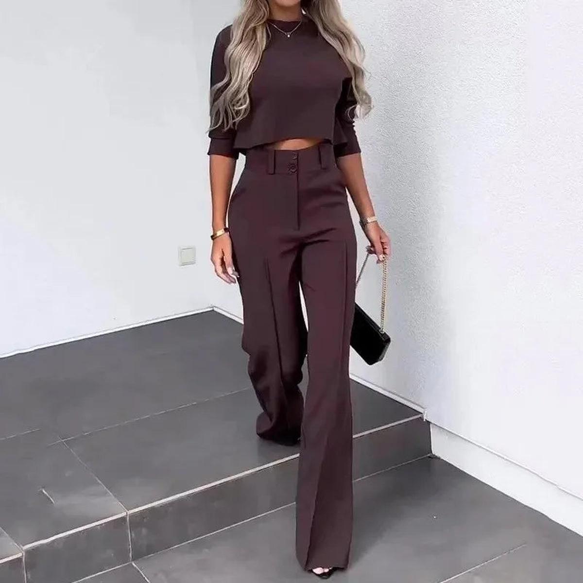 Dames Tweedelig Set Hoge Taille Wide Leg Pantalon en Cropped Top