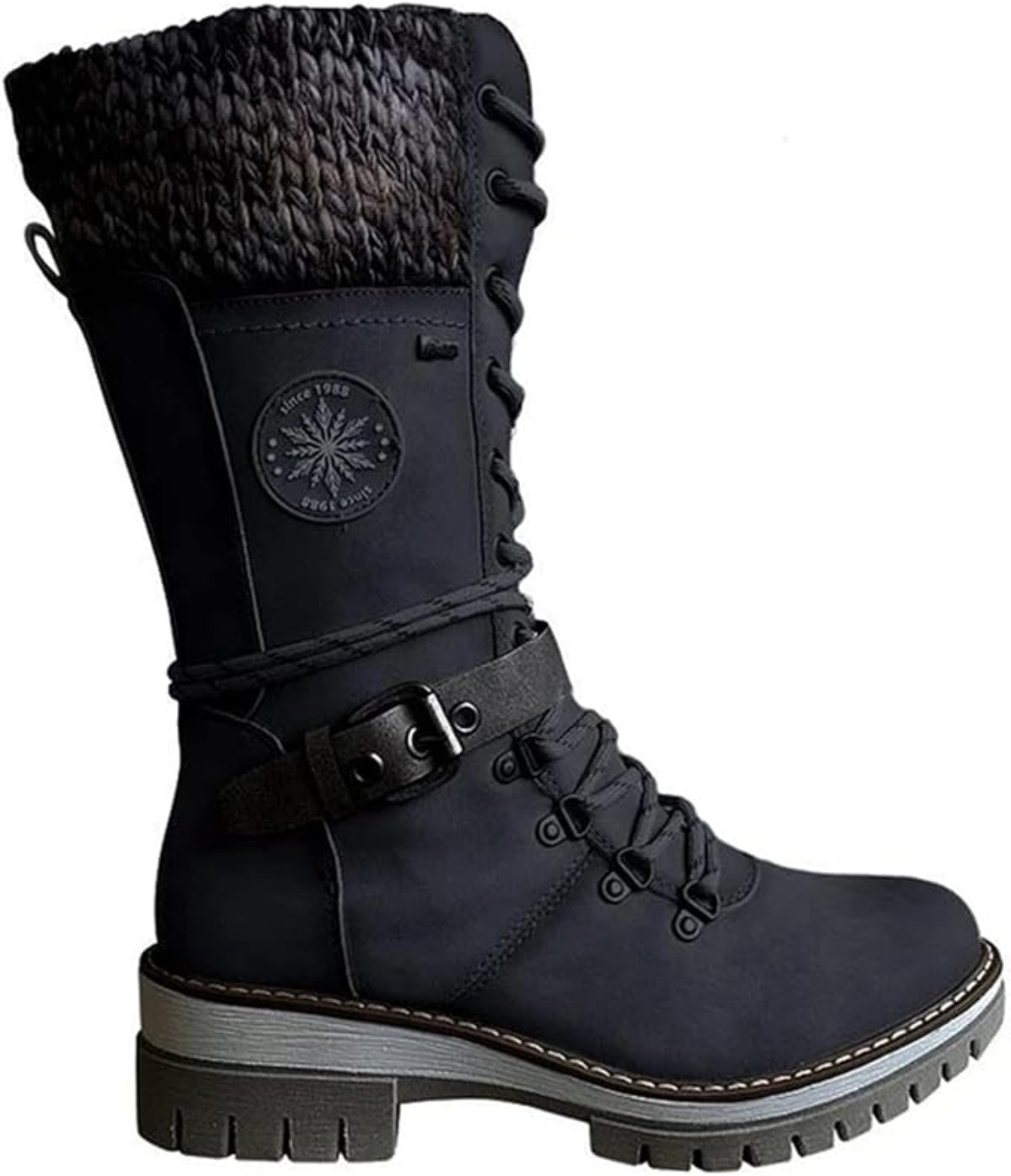 Dames Winter Laarzen met Buckle en Veters, Gebreid tot Halverwege de Kuit