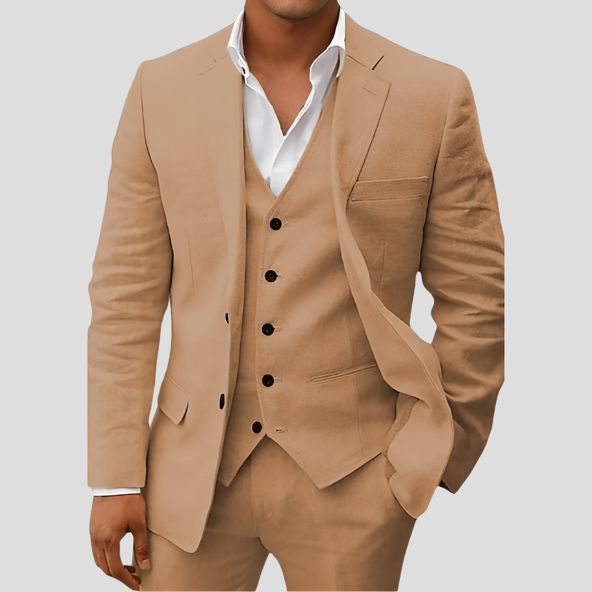 Drie-Delige Linnen Pak Voor Mannen: Blazer, Gilet En Broek