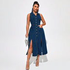 Elegante Denim-Look Midi Jurk met Riem - Luchtig & Getailleerd