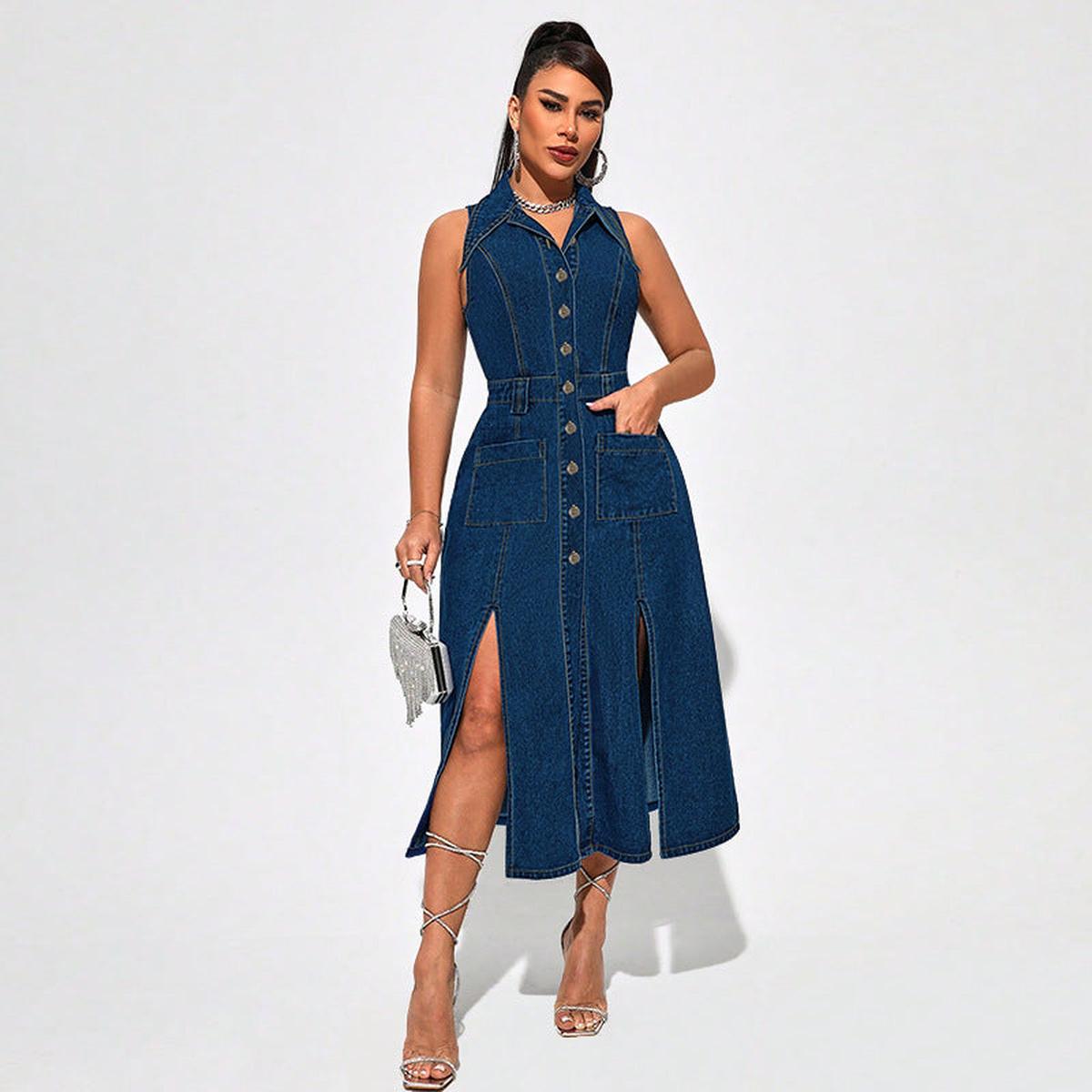 Elegante Denim-Look Midi Jurk met Riem - Luchtig & Getailleerd