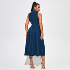 Elegante Denim-Look Midi Jurk met Riem - Luchtig & Getailleerd