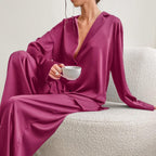 Elegante Satijnen Twee-Delige Pyjama Set Met Notch-Kraag