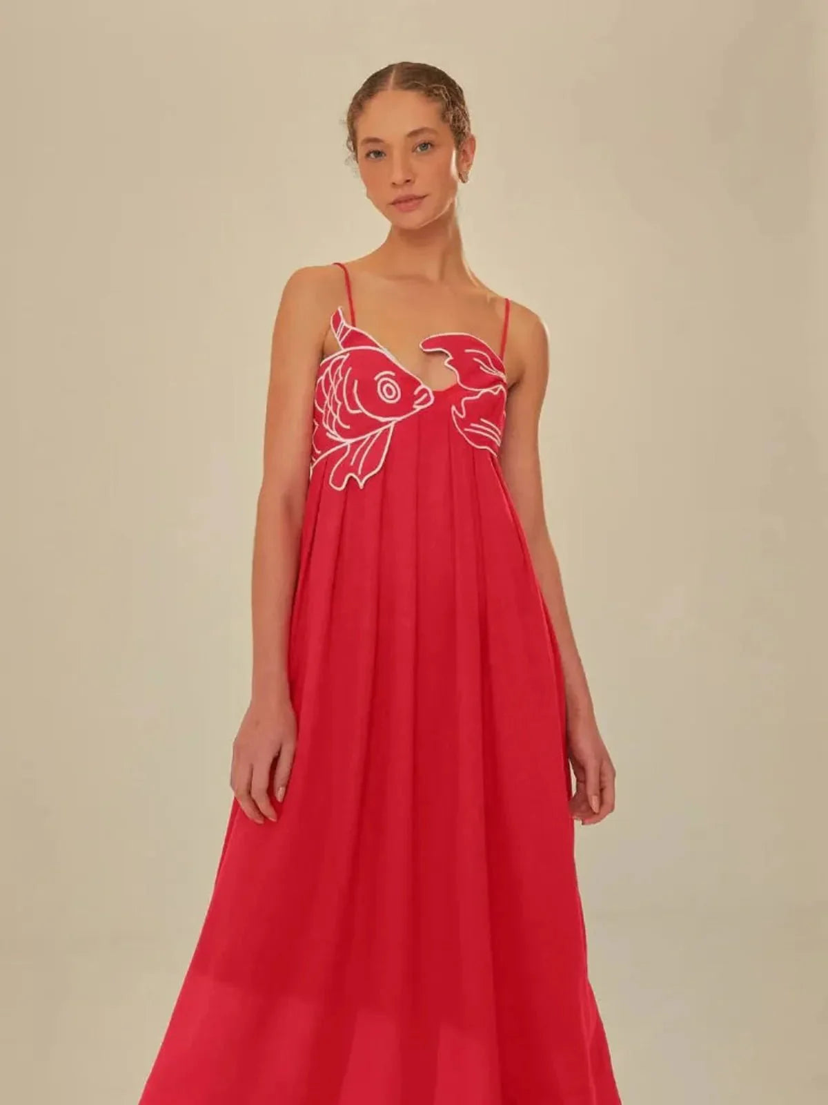 Geborduurde Vis Semi-Doorzichtige Cami Maxi Jurk