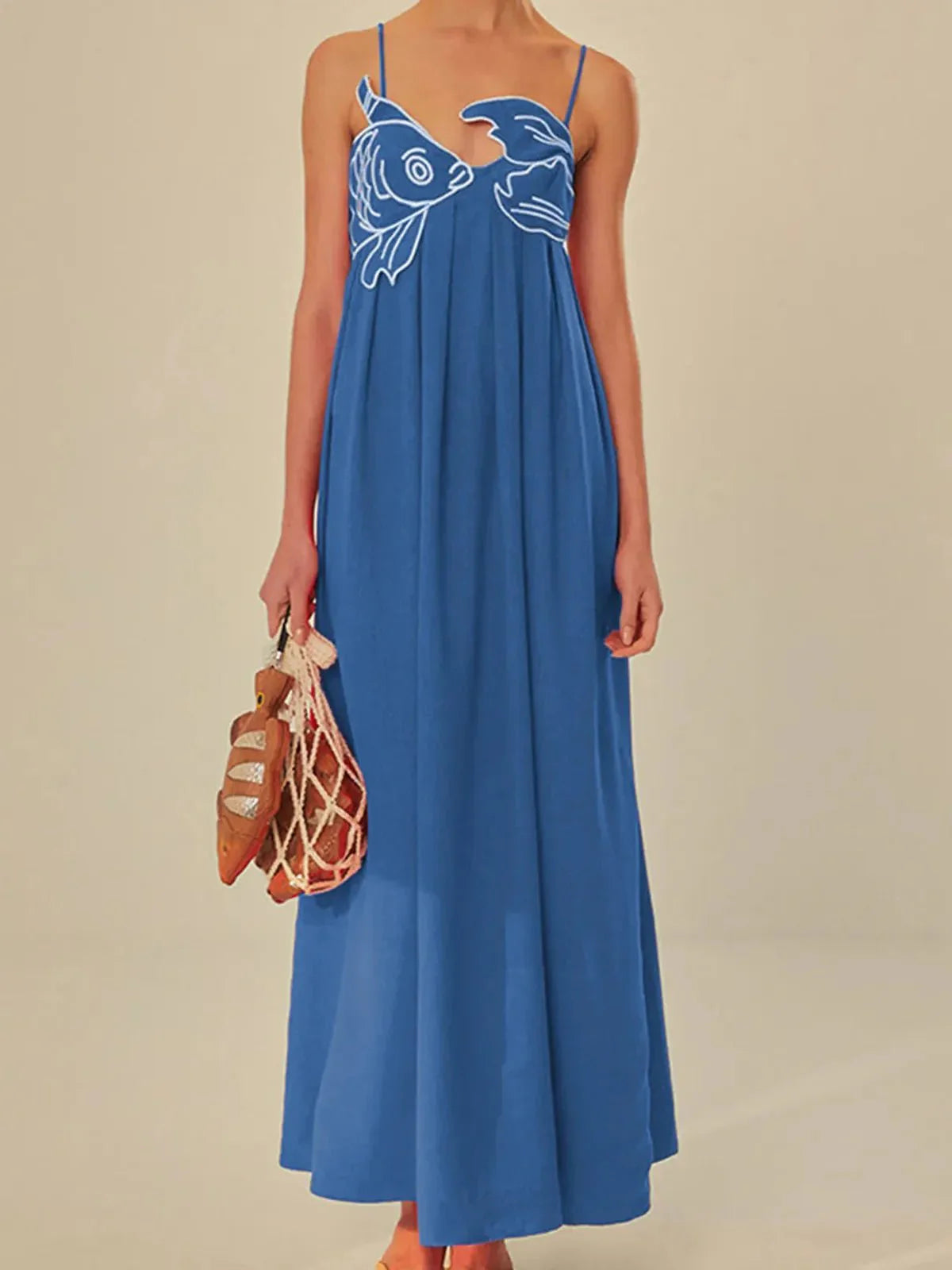 Geborduurde Vis Semi-Doorzichtige Cami Maxi Jurk