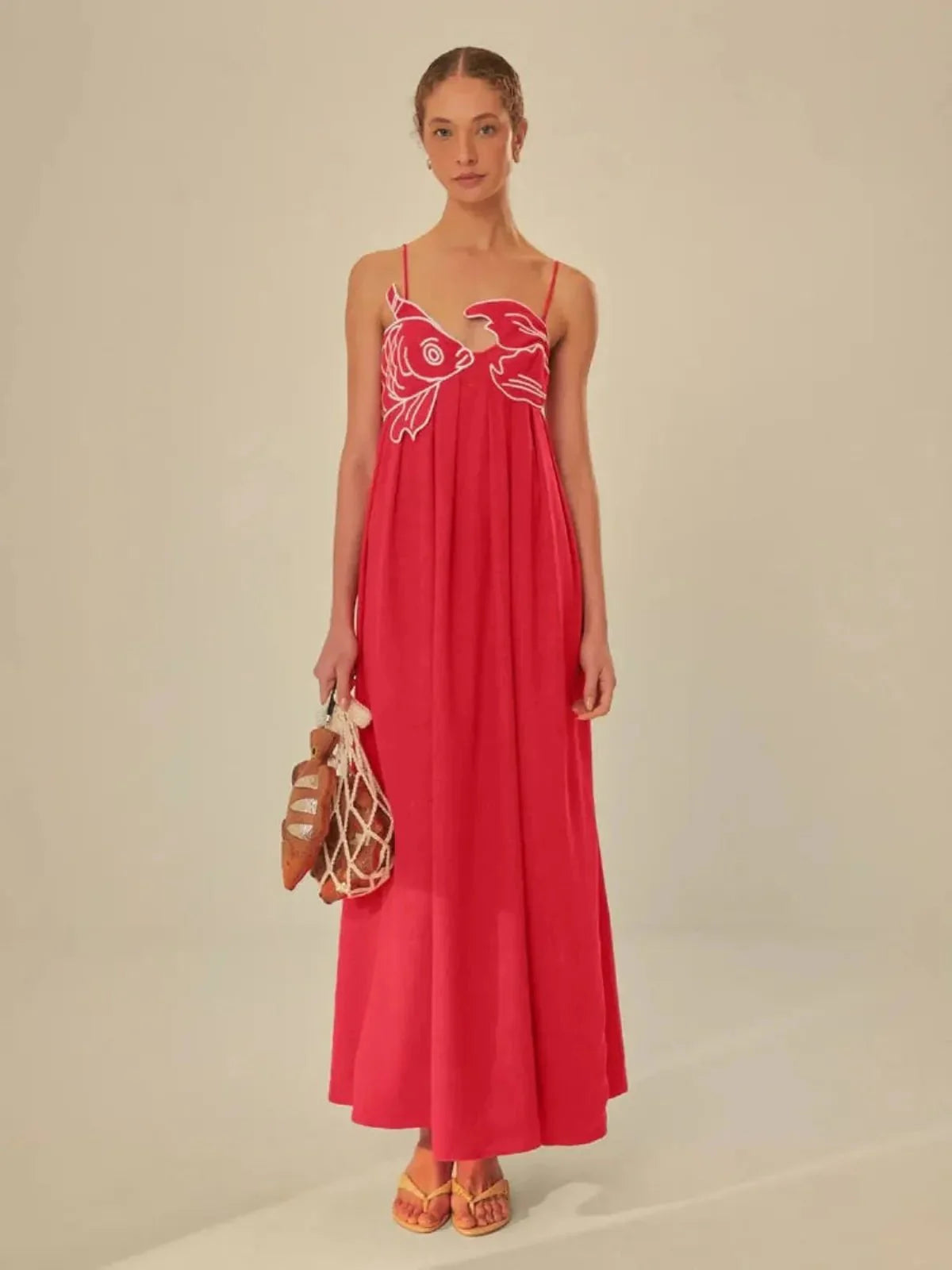 Geborduurde Vis Semi-Doorzichtige Cami Maxi Jurk