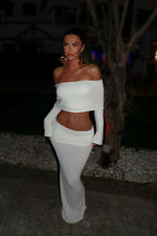 Gebreide Off-Shoulder Boucle Top & Maxi Rok Set