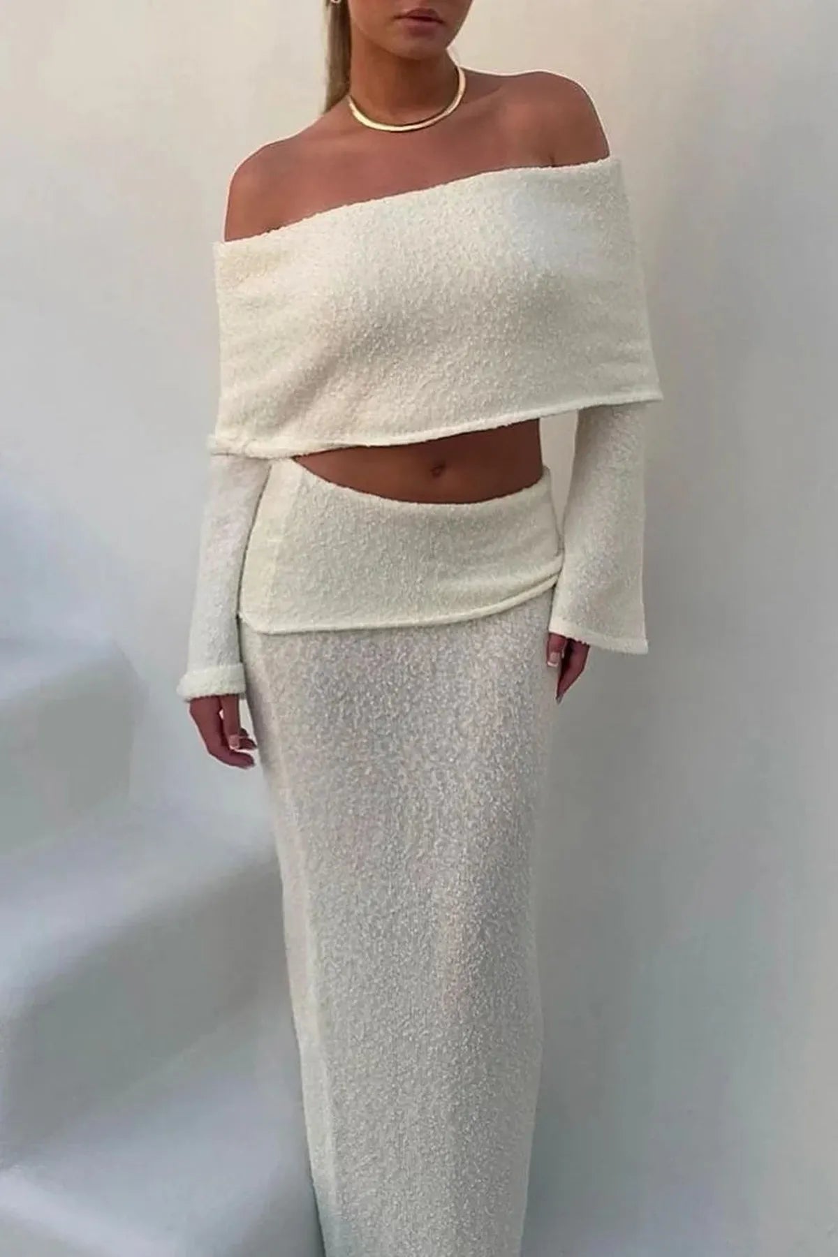 Gebreide Off-Shoulder Boucle Top & Maxi Rok Set
