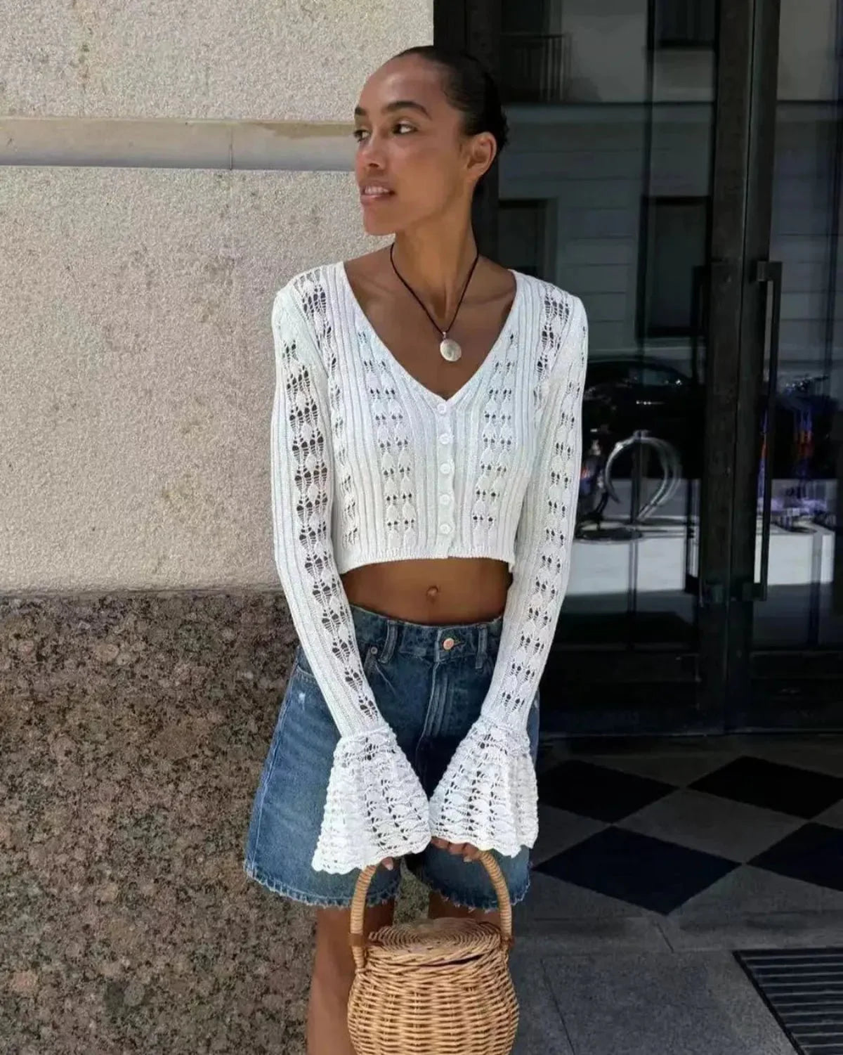Gehaakte Cropped Vest Met Lange Mouwe