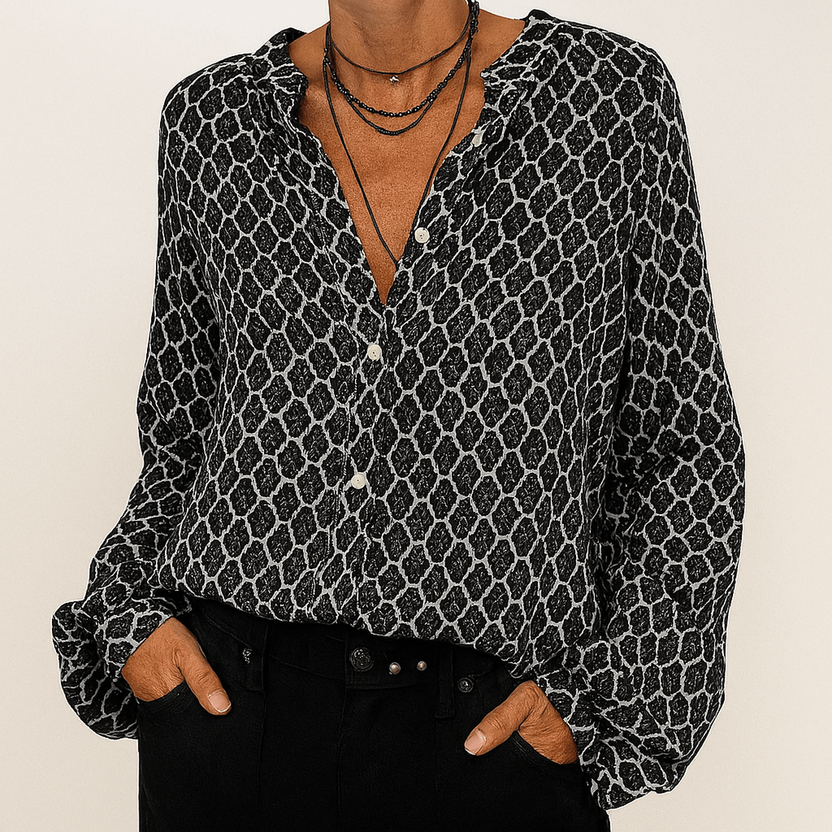 Geprinte V-hals Blouse met Lange Mouwen